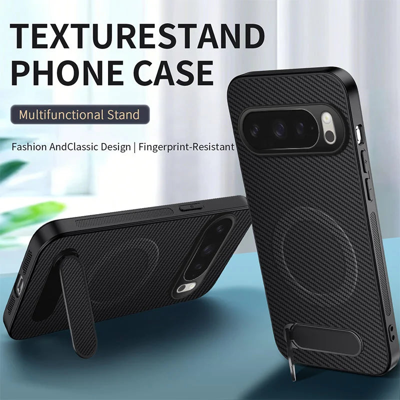 WANLONFENG For Google Pixel 10 Magnetic Case with 2Pcs Tempered Glass Films  QT1 Series Kickstand Carbon Fiber Texture PC TPU Phone Cover - Black - 2