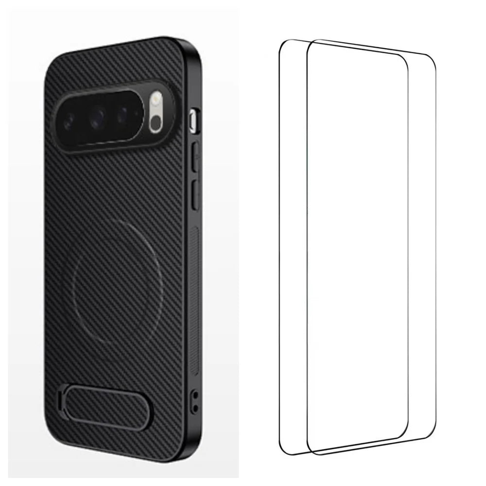 WANLONFENG For Google Pixel 10 Pro XL Magnetic Case with 2Pcs Tempered Glass Films  QT1 Series Kickstand Carbon Fiber Texture PC TPU Phone Cover - Black - 1
