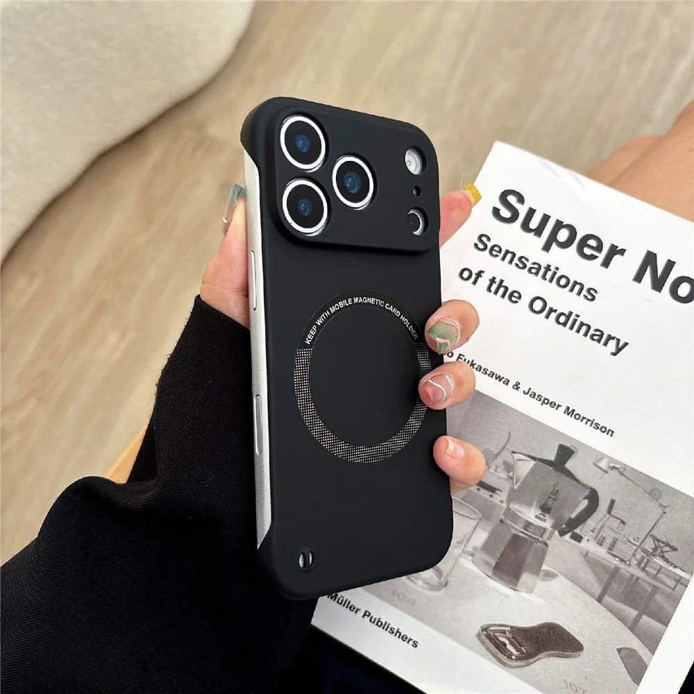For iPhone 17 Pro Borderless Magnetic Phone Case Solid Color Frameless PC Cover Compatible with MagSafe - Black - 1