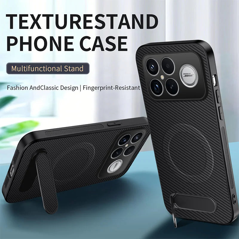WANLONFENG For Xiaomi Poco F8 Ultra / Xiaomi Redmi K90 Pro Max 5G Magnetic Case with 2Pcs Tempered Glass Films  QT1 Series Kickstand Carbon Fiber Texture PC TPU Phone Cover - Black - 2
