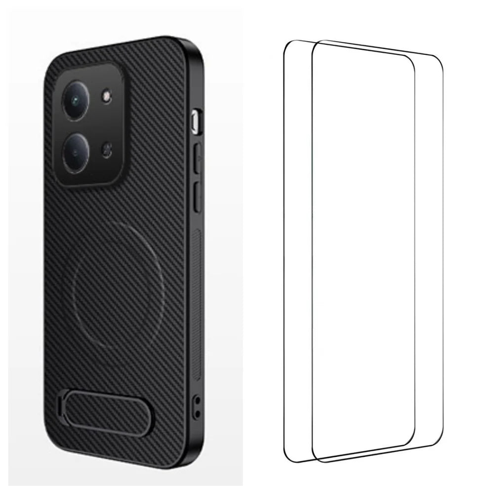 WANLONFENG For Xiaomi Redmi 15C 5G (EU) (173mm) / Xiaomi Redmi 15C 4G (EU) (173mm) Magnetic Case with 2Pcs Tempered Glass Films  QT1 Series Kickstand Carbon Fiber Texture PC TPU Phone Cover - Black - 1