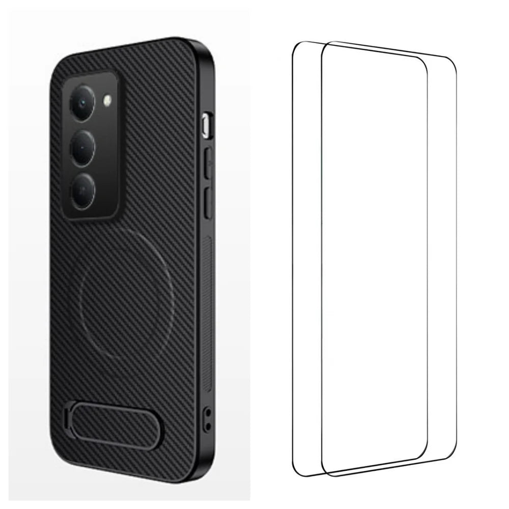 WANLONFENG For Xiaomi Redmi 15 5G (Global) (169mm) Magnetic Case with 2Pcs Tempered Glass Films  QT1 Series Kickstand Carbon Fiber Texture PC TPU Phone Cover - Black - 1