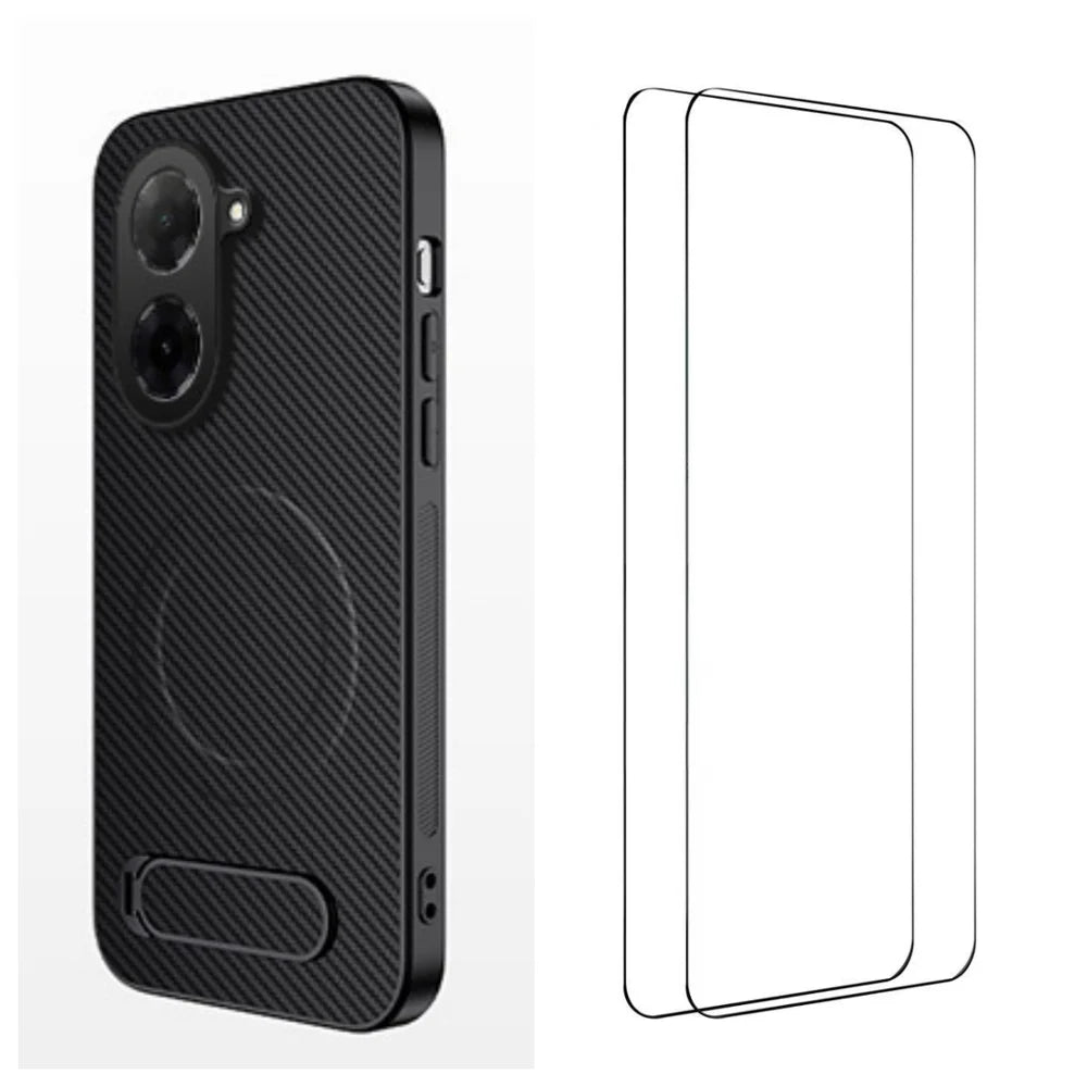 WANLONFENG For Xiaomi Redmi A5 4G (171.7mm) Magnetic Case with 2Pcs Tempered Glass Films  QT1 Series Kickstand Carbon Fiber Texture PC TPU Phone Cover - Black - 1