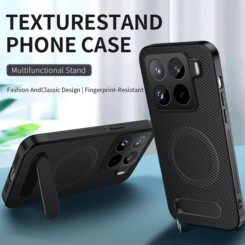 WANLONFENG For Xiaomi 15 Pro Magnetic Case with 2Pcs Tempered Glass Films  QT1 Series Kickstand Carbon Fiber Texture PC TPU Phone Cover - Black - 2