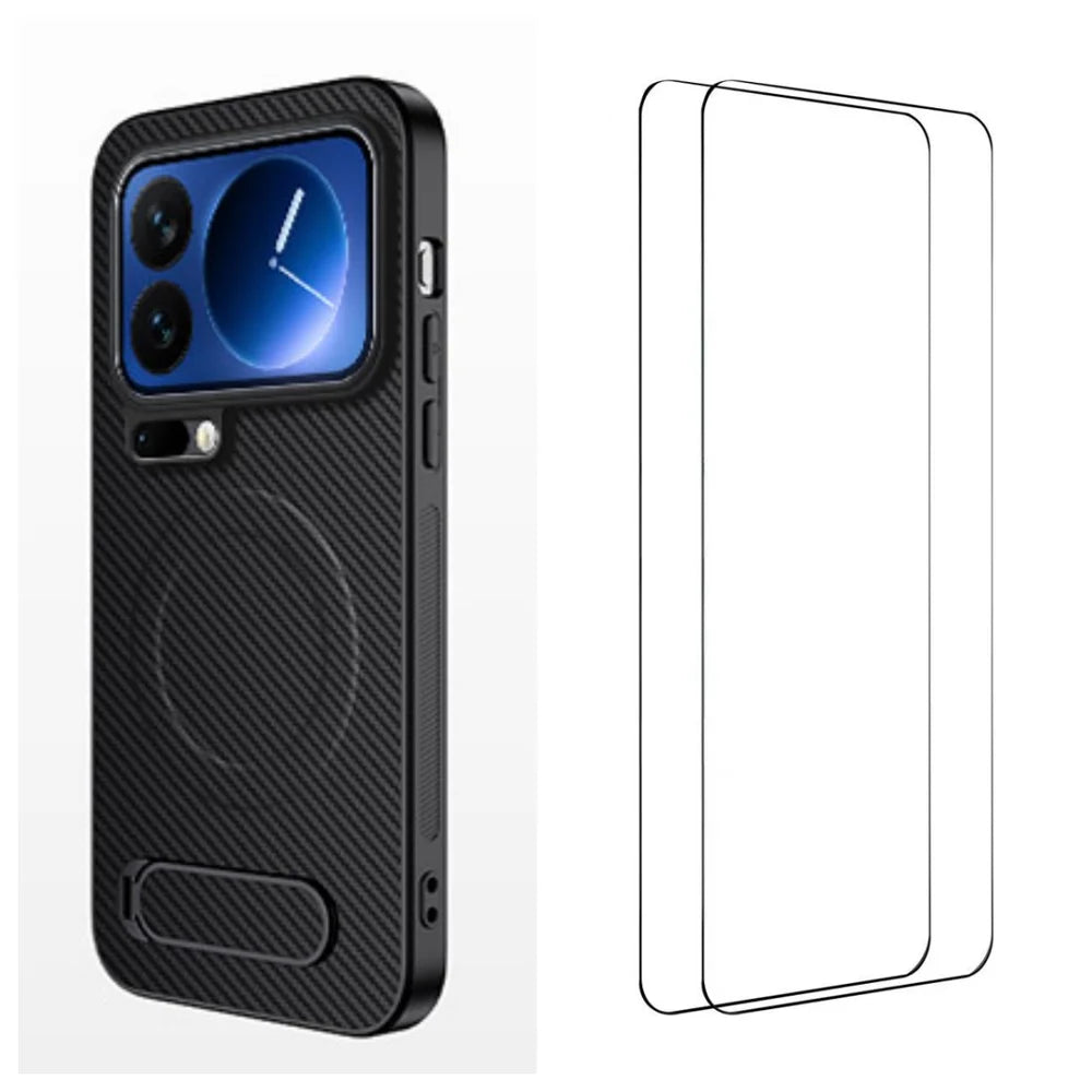 WANLONFENG For Xiaomi 17 Pro Max Magnetic Case with 2Pcs Tempered Glass Films  QT1 Series Kickstand Carbon Fiber Texture PC TPU Phone Cover - Black - 1