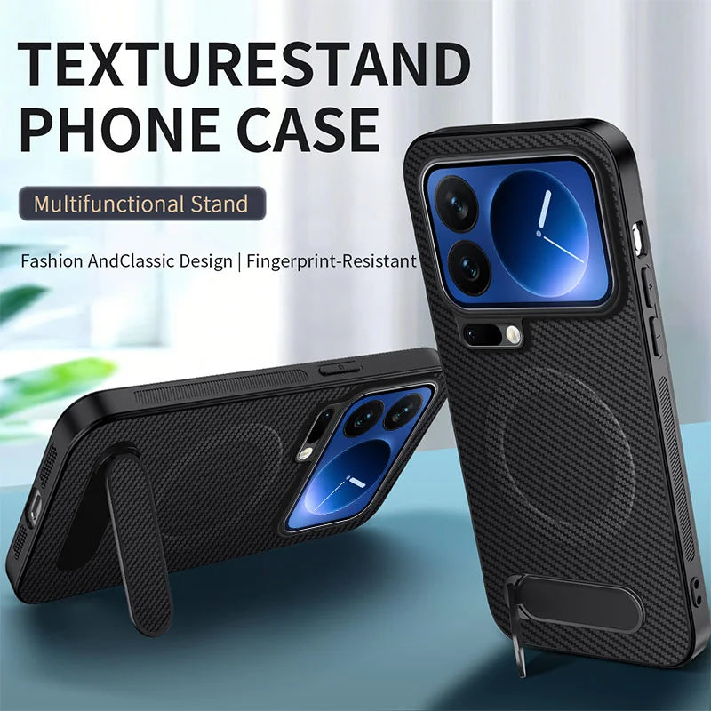 WANLONFENG For Xiaomi 17 Pro Max Magnetic Case with 2Pcs Tempered Glass Films  QT1 Series Kickstand Carbon Fiber Texture PC TPU Phone Cover - Black - 2