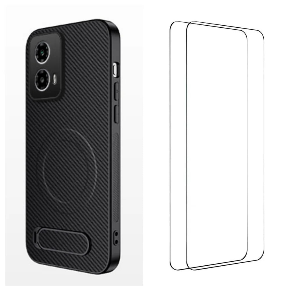 WANLONFENG For Motorola Moto G34 5G Magnetic Case with 2Pcs Tempered Glass Films  QT1 Series Kickstand Carbon Fiber Texture PC TPU Phone Cover - Black - 1