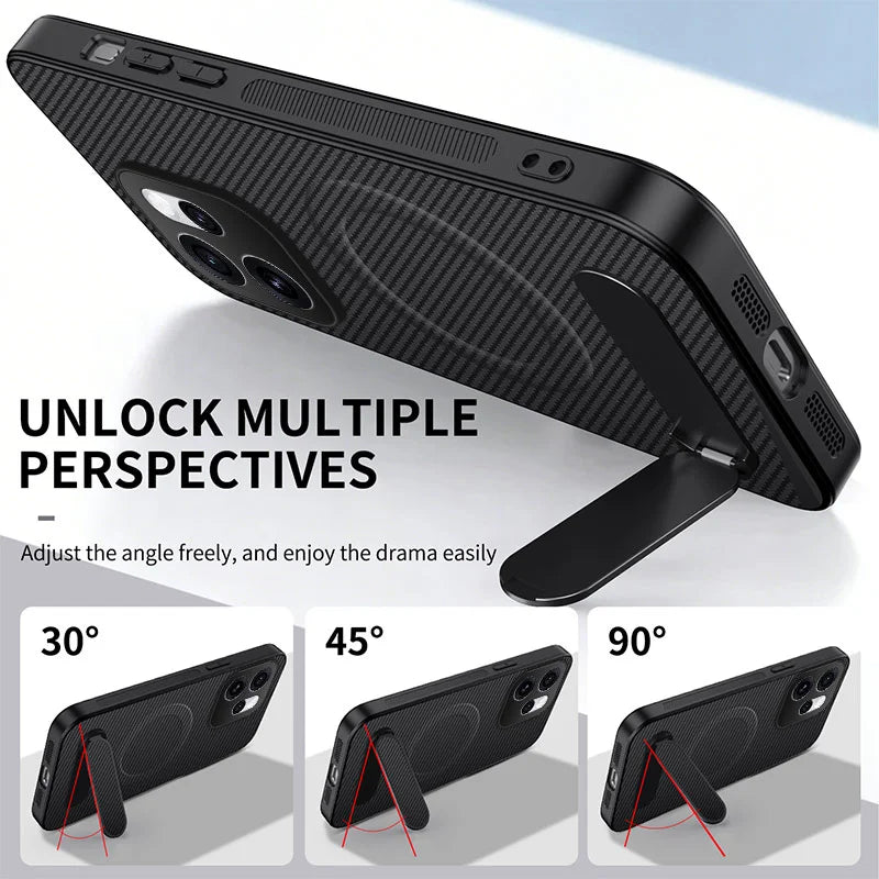 WANLONFENG For Oppo Reno15 Pro 5G (Global) / Oppo Reno15 5G (China) Magnetic Case with 2Pcs Tempered Glass Films  QT1 Series Kickstand Carbon Fiber Texture PC TPU Phone Cover - Black - 4