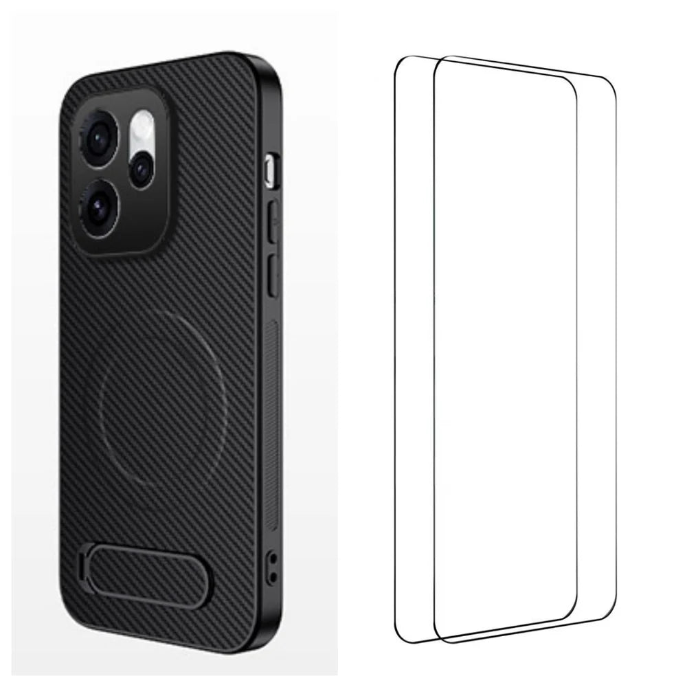 WANLONFENG For Oppo Reno15 Pro Max 5G (Global) / Oppo Reno15 Pro 5G (China) Magnetic Case with 2Pcs Tempered Glass Films  QT1 Series Kickstand Carbon Fiber Texture PC TPU Phone Cover - Black - 1
