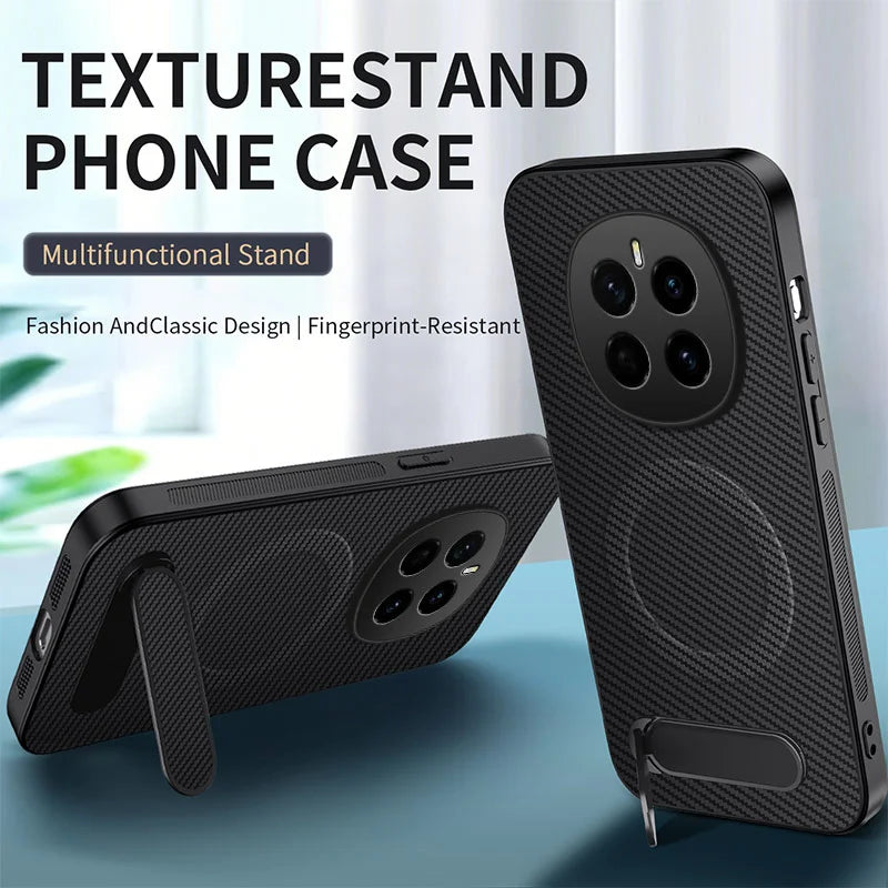 WANLONFENG For Honor Magic7 5G Magnetic Case with 2Pcs Tempered Glass Films  QT1 Series Kickstand Carbon Fiber Texture PC TPU Phone Cover - Black - 2