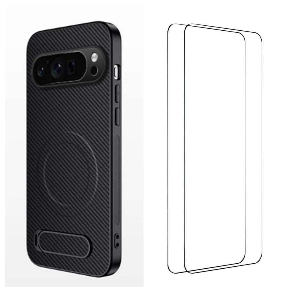 WANLONFENG For Google Pixel 9 Pro XL Magnetic Case with 2Pcs Tempered Glass Films  QT1 Series Kickstand Carbon Fiber Texture PC TPU Phone Cover - Black - 1