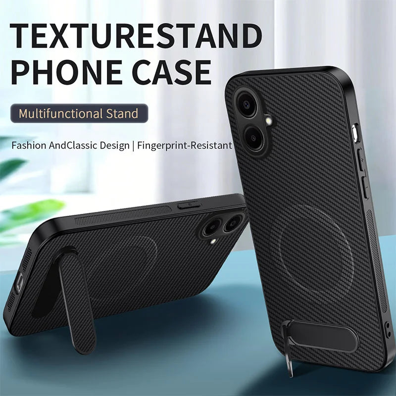 WANLONFENG For Samsung Galaxy A06 4G Magnetic Case with 2Pcs Tempered Glass Films  QT1 Series Kickstand Carbon Fiber Texture PC TPU Phone Cover - Black - 2