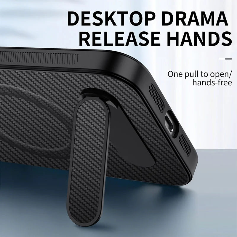 WANLONFENG For Samsung Galaxy A08 4G / A07 4G Magnetic Case with 2Pcs Tempered Glass Films  QT1 Series Kickstand Carbon Fiber Texture PC TPU Phone Cover - Black - 6