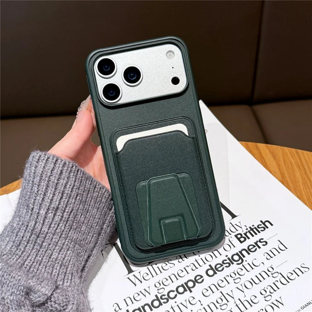 For iPhone 17 Pro Max Phone Case with Card Holder Kickstand Leather PC TPU Shockproof Protective Cover - Dark Green - 1