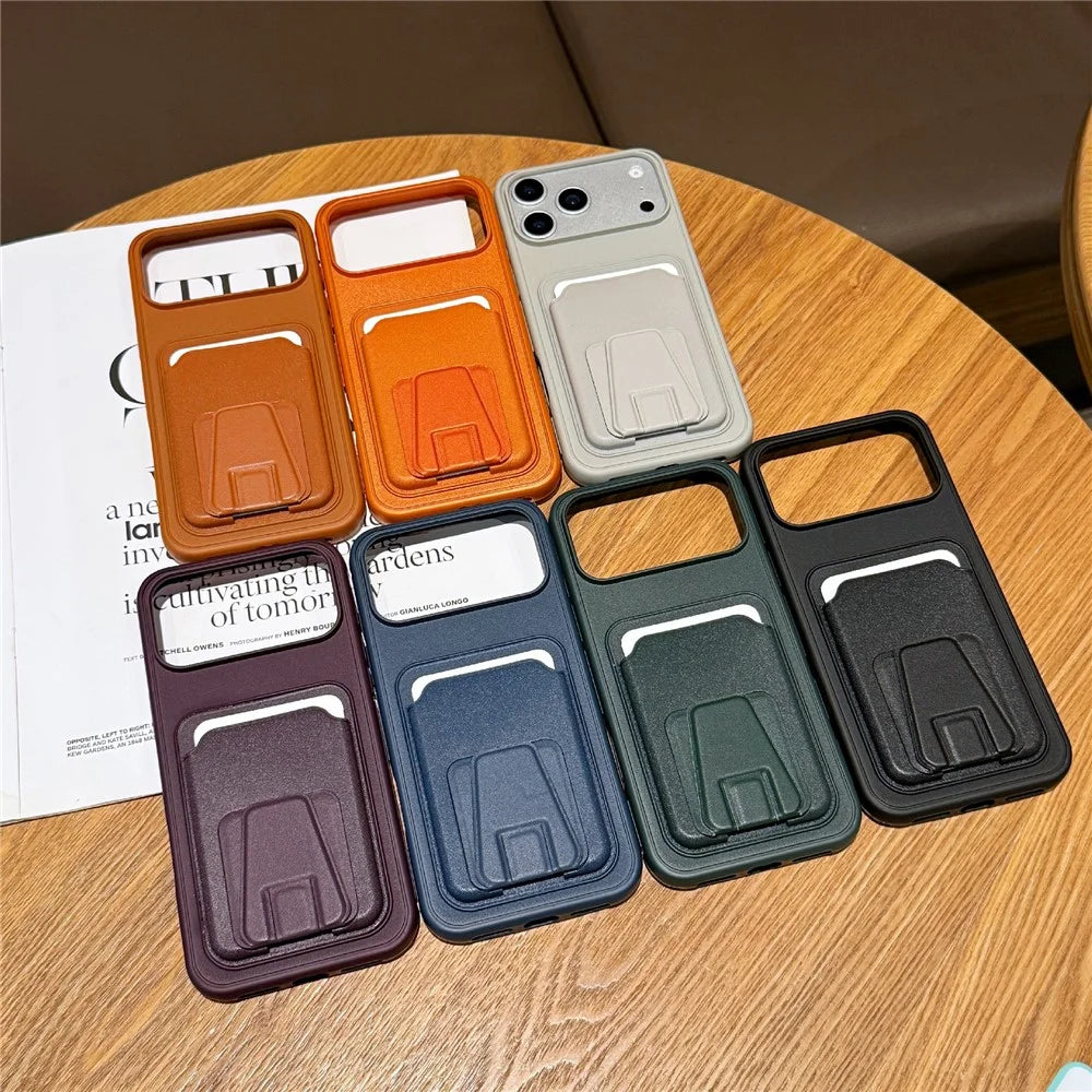 For iPhone 17 Pro Max Phone Case with Card Holder Kickstand Leather PC TPU Shockproof Protective Cover - Dark Green - 7