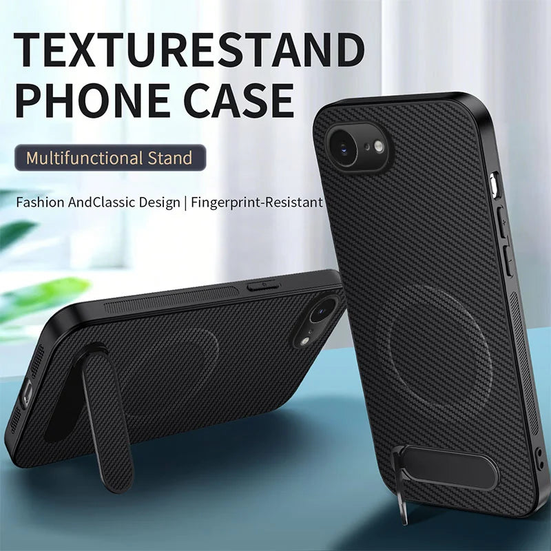 WANLONFENG For iPhone 17e / 16e Magnetic Case with 2Pcs Tempered Glass Films  QT1 Series Kickstand Carbon Fiber Texture PC TPU Phone Cover - Black - 2