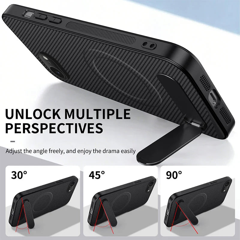 WANLONFENG For iPhone 17e / 16e Magnetic Case with 2Pcs Tempered Glass Films  QT1 Series Kickstand Carbon Fiber Texture PC TPU Phone Cover - Black - 4