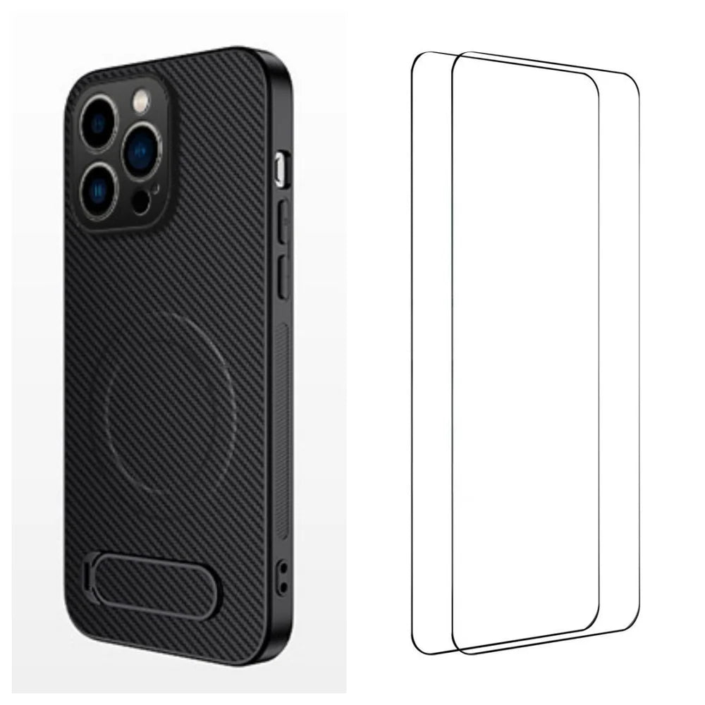 WANLONFENG For iPhone 15 Pro Max Magnetic Case with 2Pcs Tempered Glass Films  QT1 Series Kickstand Carbon Fiber Texture PC TPU Phone Cover - Black - 1