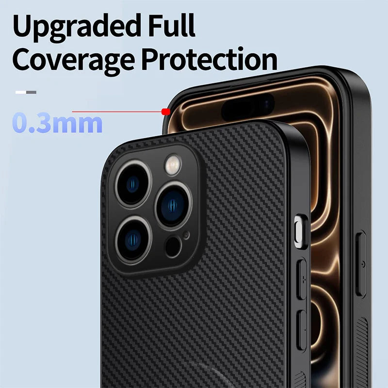 WANLONFENG For iPhone 15 Pro Max Magnetic Case with 2Pcs Tempered Glass Films  QT1 Series Kickstand Carbon Fiber Texture PC TPU Phone Cover - Black - 5