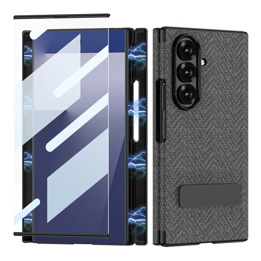 GKK For Samsung Galaxy Z TriFold 5G Magnetic Case Fabric Texture Nylon PC Phone Cover with Tempered Glass and Kickstand - Grey - 1