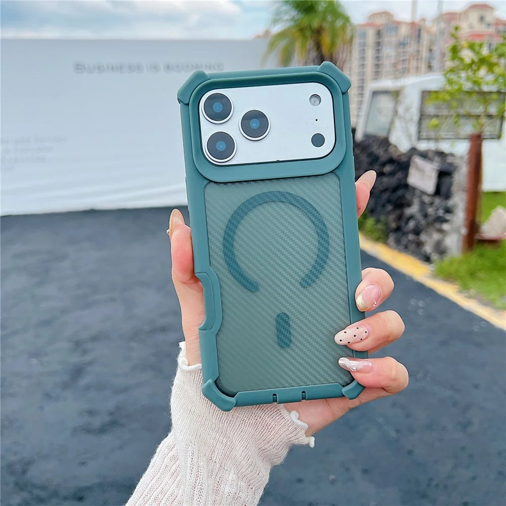 For iPhone 17 Pro Max Magnetic Case Carbon Fiber Texture Anti Drop TPU PC Phone Cover Compatible with MagSafe - Blackish Green - 1