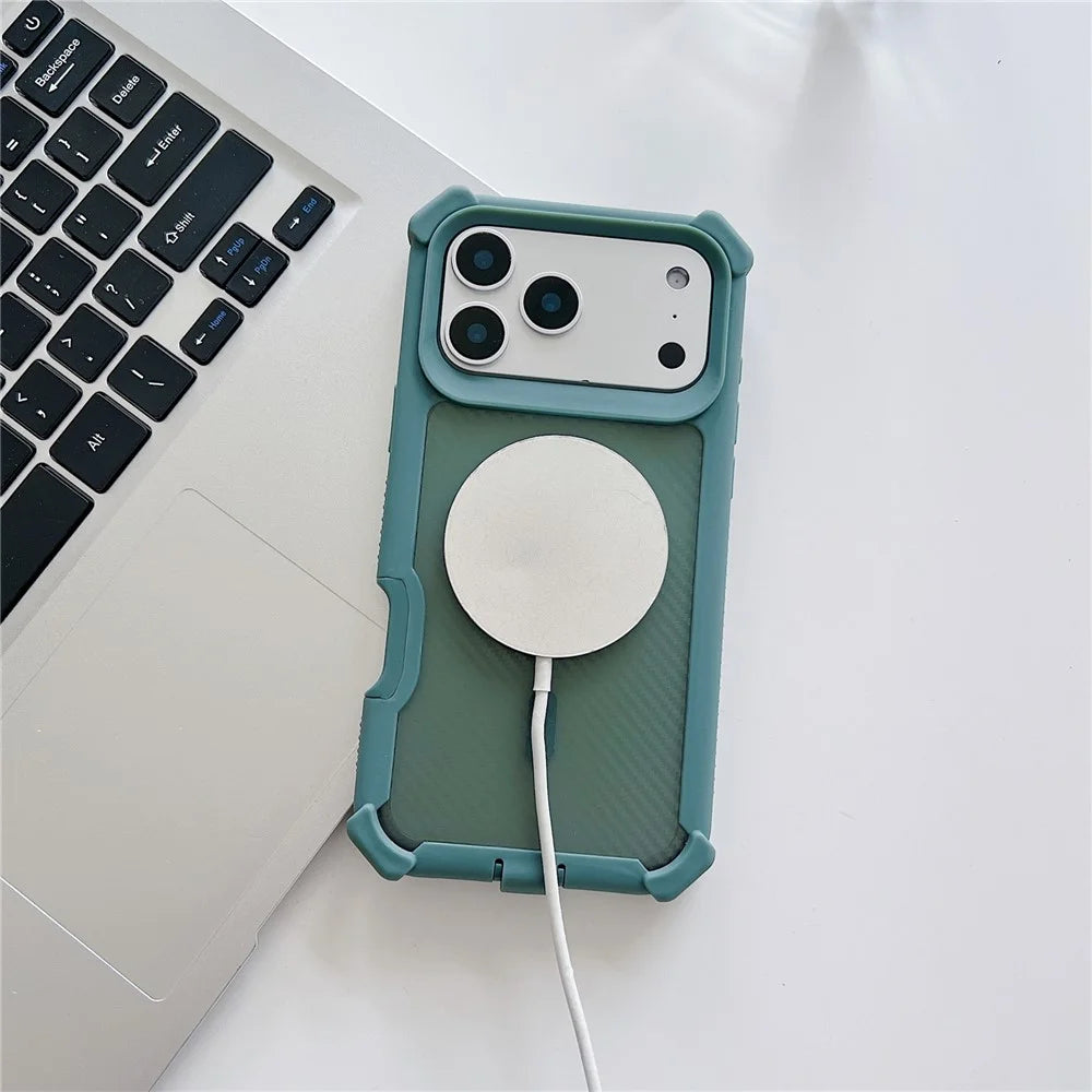 For iPhone 17 Pro Max Magnetic Case Carbon Fiber Texture Anti Drop TPU PC Phone Cover Compatible with MagSafe - Blackish Green - 2
