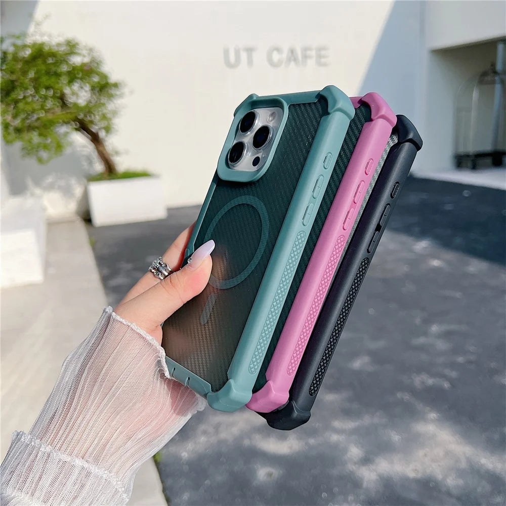 For iPhone 16 Pro Max Magnetic Case Carbon Fiber Texture Anti Drop TPU PC Phone Cover Compatible with MagSafe - Purple - 7