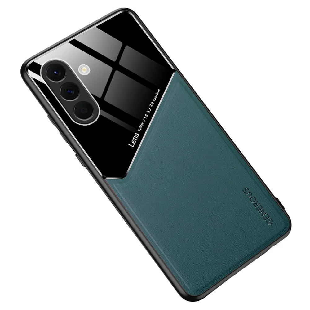 For Samsung Galaxy A57 5G Case Precise Cutout Leather Coated PC + TPU Phone Back Cover Built-in Metal Sheet - Green - 1