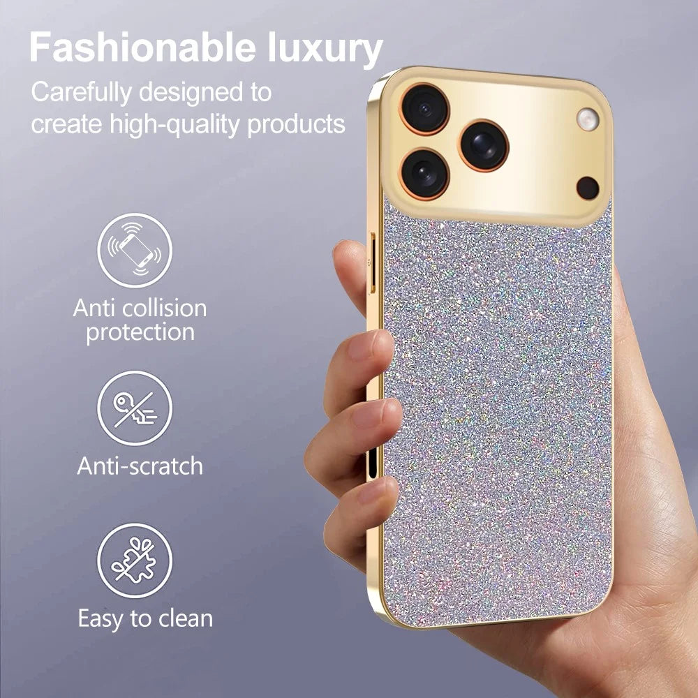 For iPhone 17 Pro Case Electroplating Frame Sparkling Glitter Anti Drop PC + TPU Phone Cover - Gold - 5