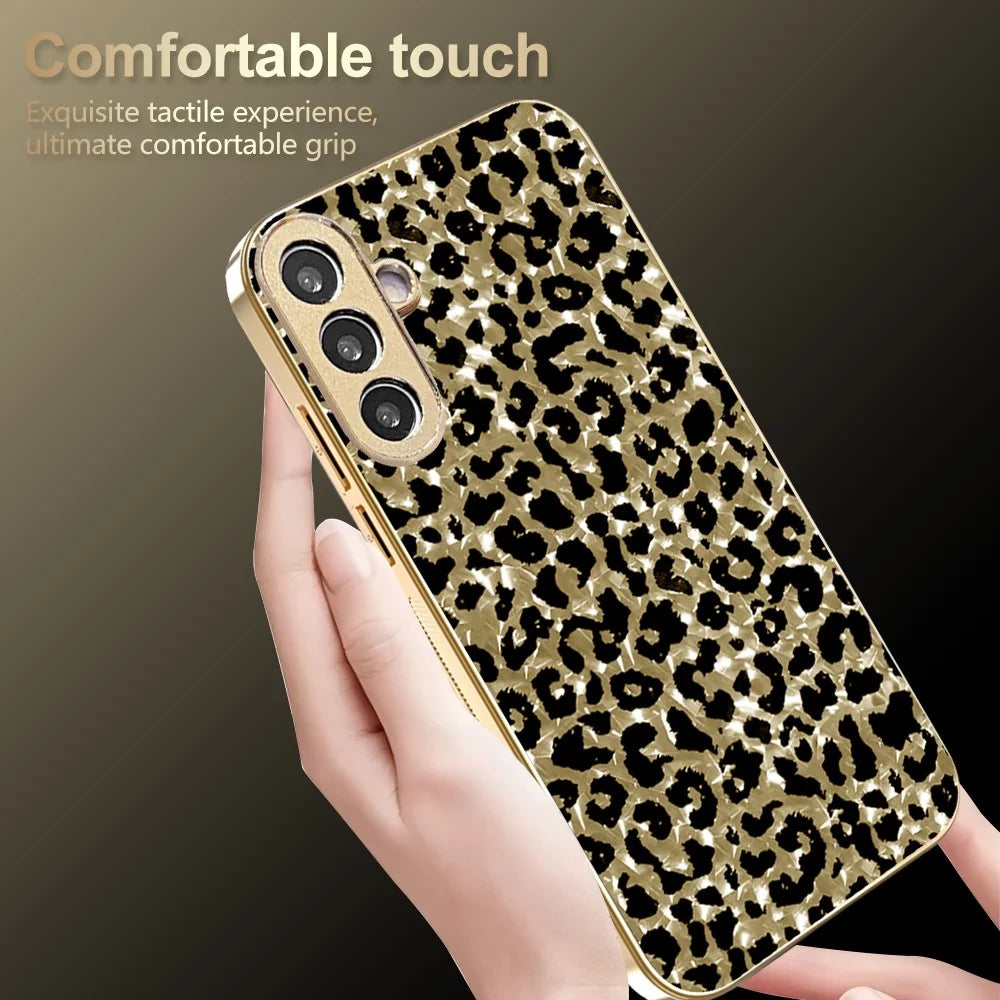 For Samsung Galaxy S26+ Case Electroplating Frame Leopard Pattern PC + TPU Hybrid Phone Cover - Gold - 5