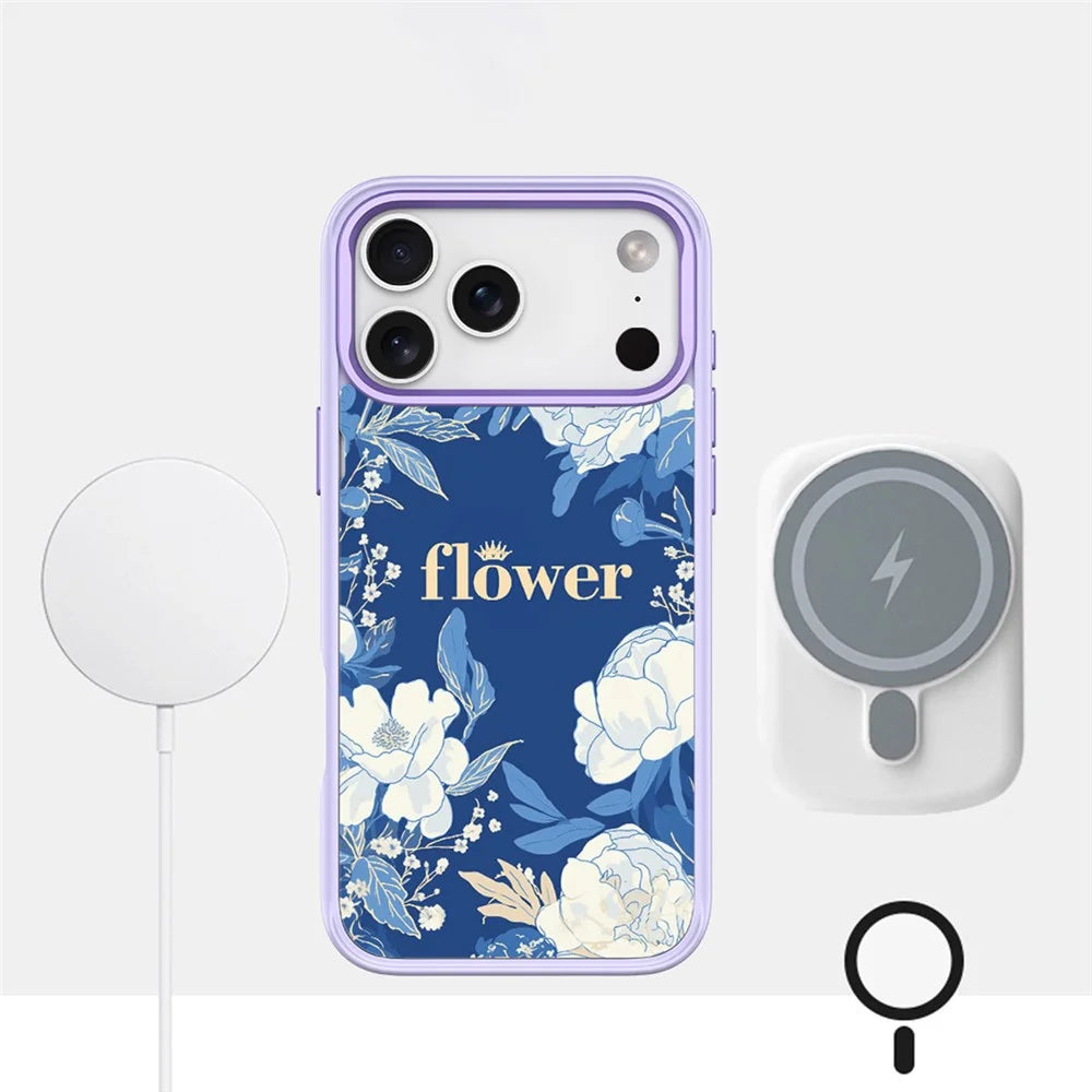 For iPhone 17 Pro Magnetic Case TPU PC Phone Cover with Detachable White Flowers Backplate - Purple - 3