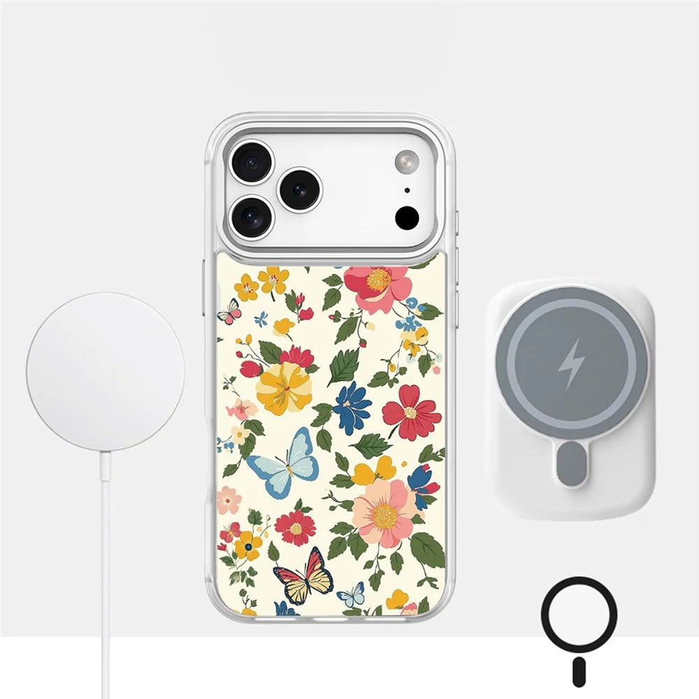 For iPhone 17 Pro Magnetic Case TPU PC Phone Cover with Detachable Butterfly Bow Flower Bushes Pattern Backplate - White - 3