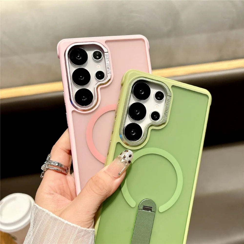 For Samsung Galaxy S26 Ultra Magnetic Phone Case Skin Feel PC TPU Protective Cover with Kickstand - Pink - 5