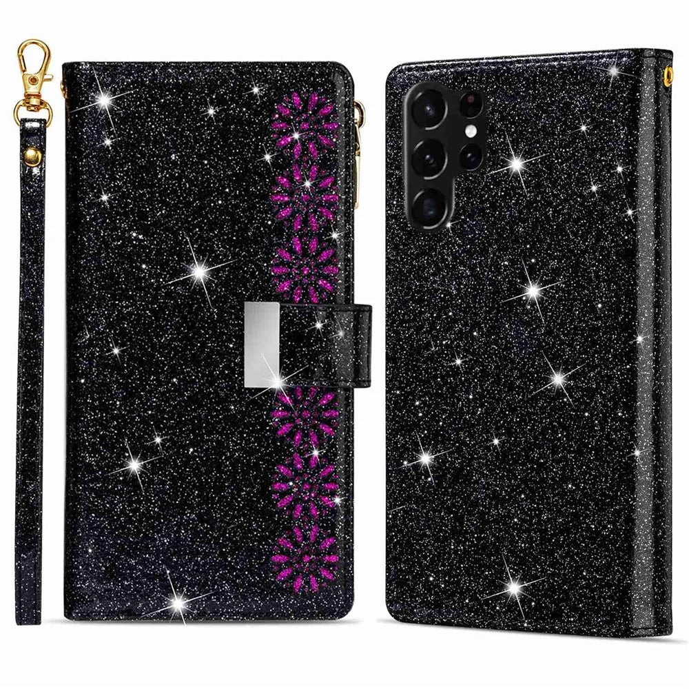 Protective Phone Cover Zipper Wallet For Samsung Galaxy S23 Ultra Laser Carving Glittery Starry Style Leather Phone Case Stand with Strap - Black - 1