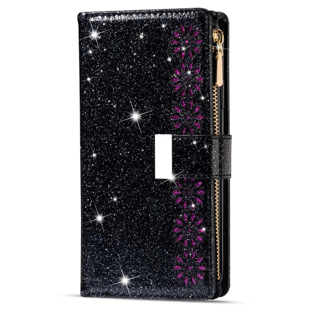 Protective Phone Cover Zipper Wallet For Samsung Galaxy S23 Ultra Laser Carving Glittery Starry Style Leather Phone Case Stand with Strap - Black - 7