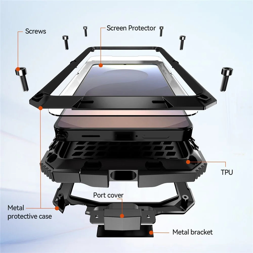 R-JUST For Samsung Galaxy S26 Ultra Case PC + Silicone + Metal Kickstand Phone Cover with Tempered Glass Film - Black - 6