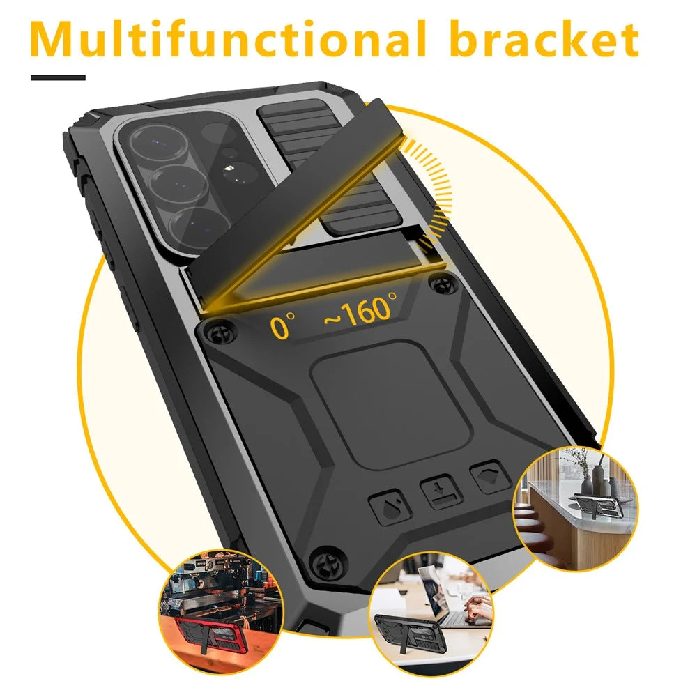R-JUST For Samsung Galaxy S26 Ultra Case PC + Silicone + Metal Kickstand Phone Cover with Tempered Glass Film - Black - 7
