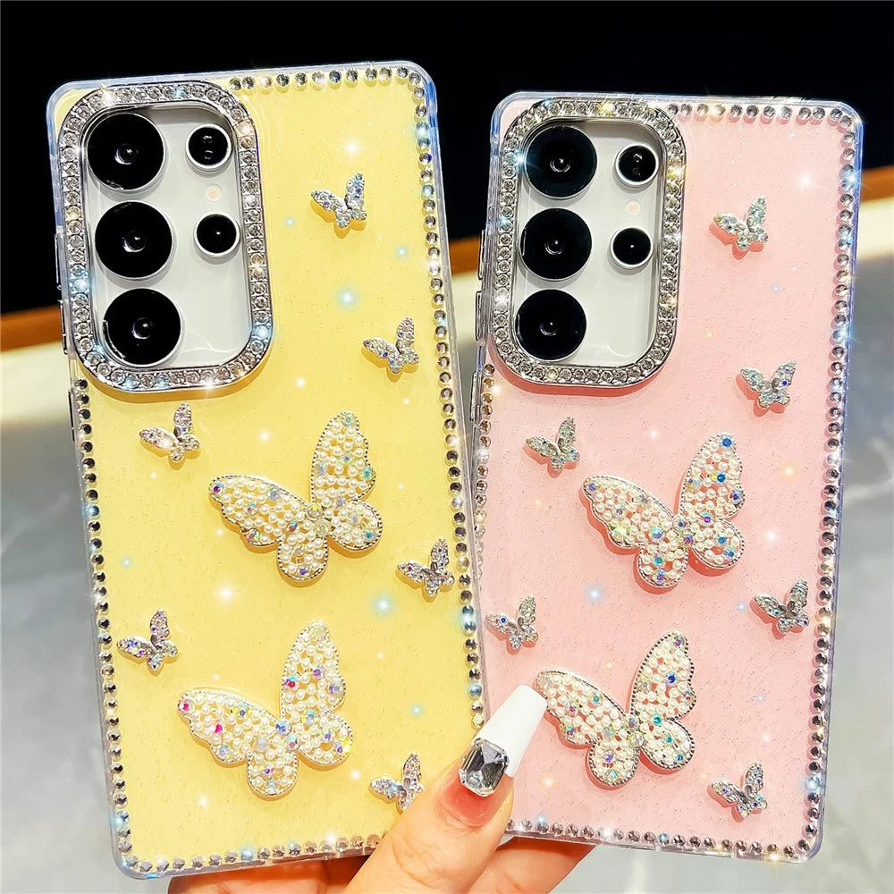 For Samsung Galaxy S25 Ultra Case Shiny Butterfly Decor Rhinestone Glitter IMD PC + TPU Phone Cover - Glitter / Light Yellow - 3