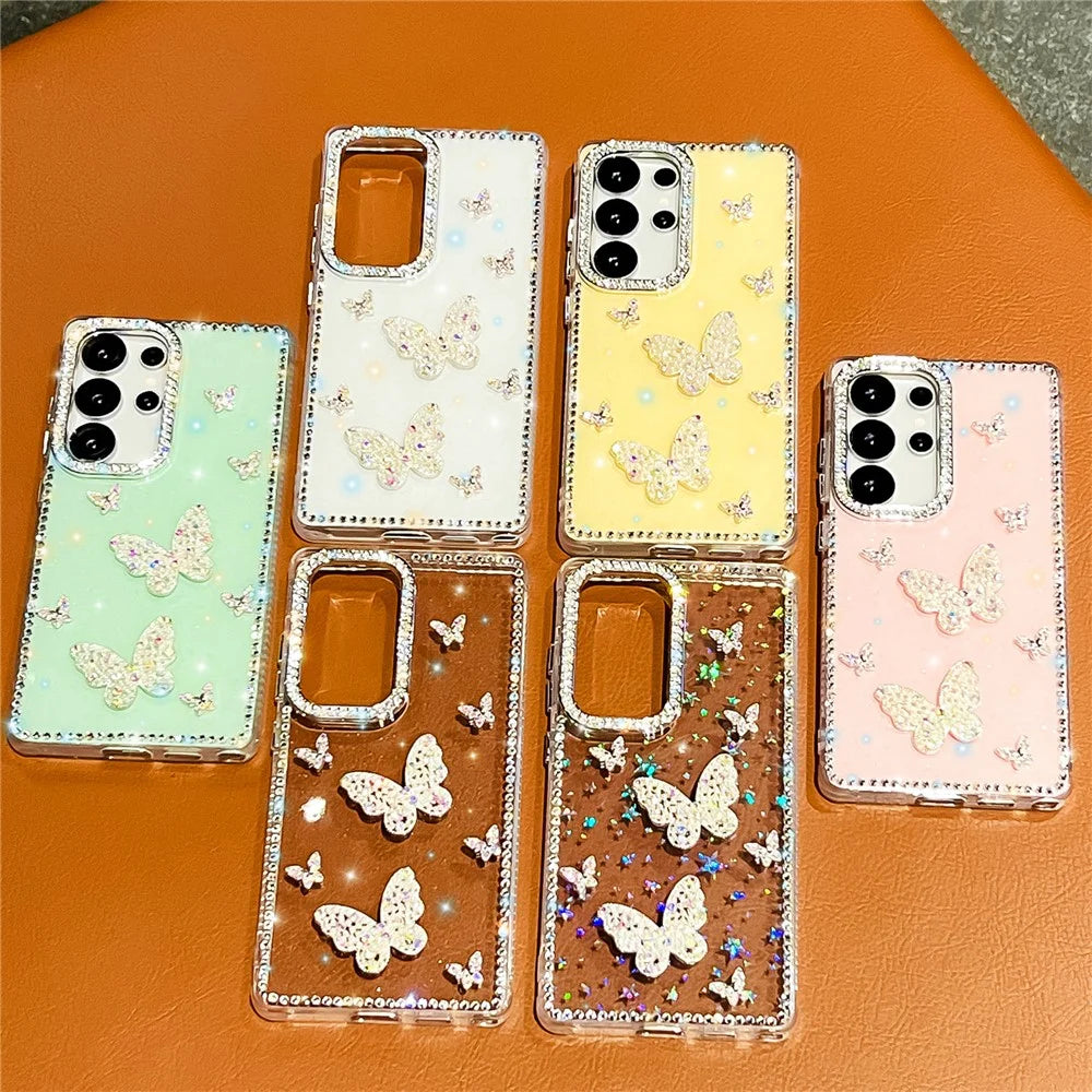 For Samsung Galaxy S25 Ultra Case Shiny Butterfly Decor Rhinestone Glitter IMD PC + TPU Phone Cover - Glitter / Light Yellow - 6