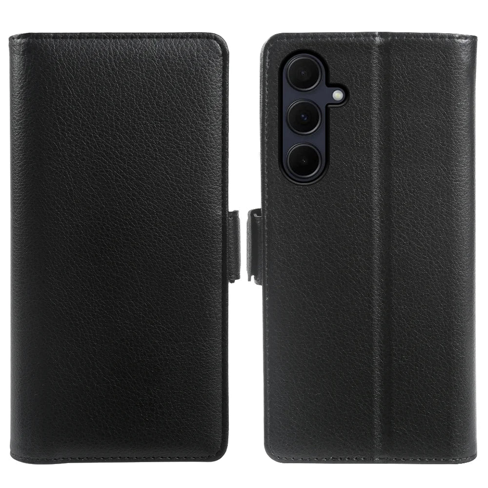 For Samsung Galaxy F16 5G / Galaxy M16 5G Wallet Case with Dual Magnetic Clasp Litchi Textured Leather Flip Stand Phone Cover - Black - 1
