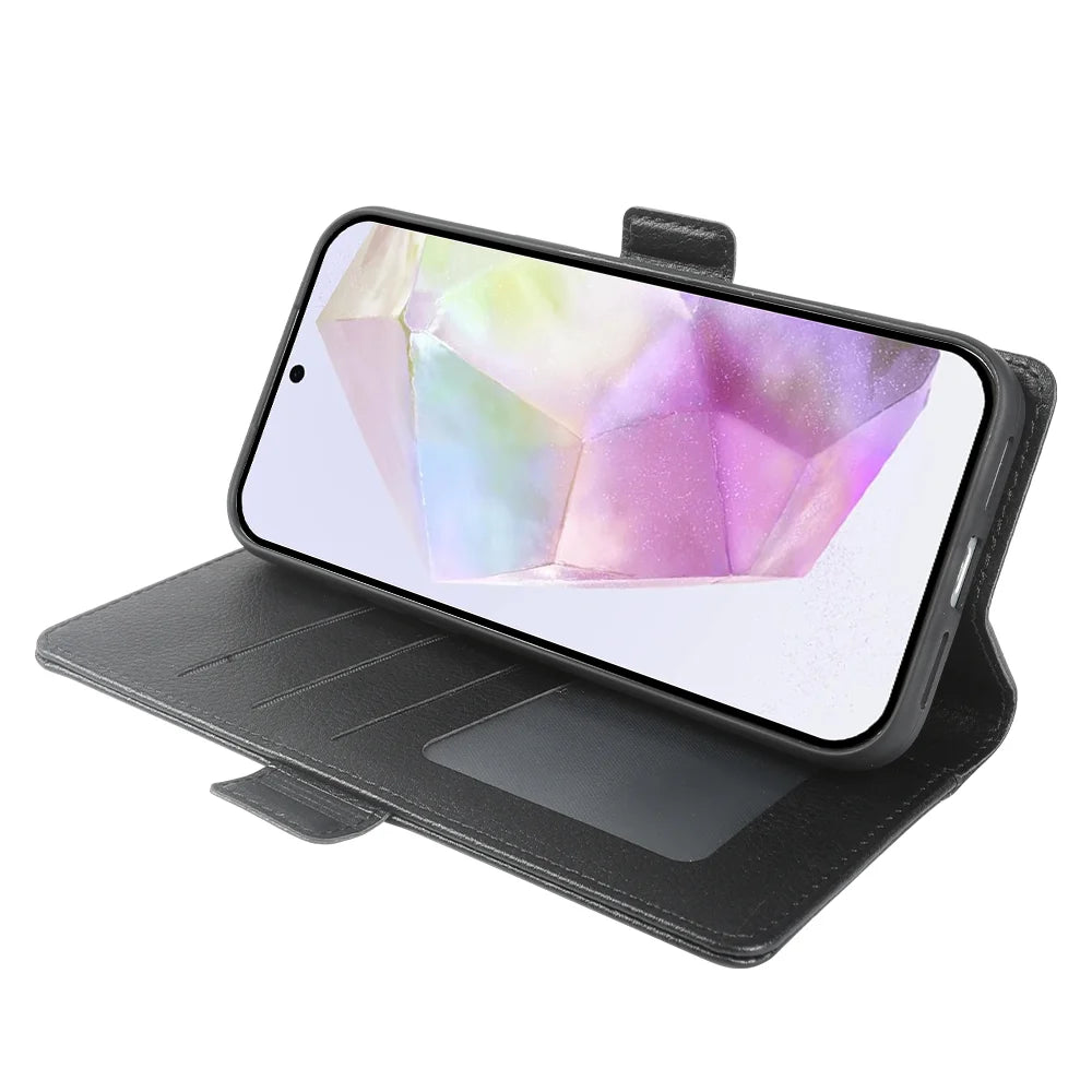 For Samsung Galaxy F16 5G / Galaxy M16 5G Wallet Case with Dual Magnetic Clasp Litchi Textured Leather Flip Stand Phone Cover - Black - 2