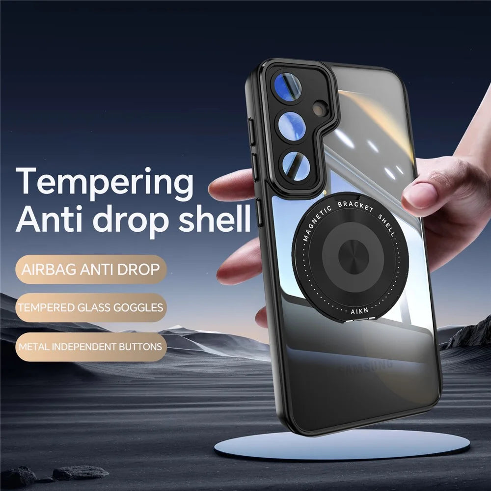 For Samsung Galaxy S26 Magnetic Case PC + TPU Phone Cover with Rotating Metal Kickstand, Lens Protector - Black - 2