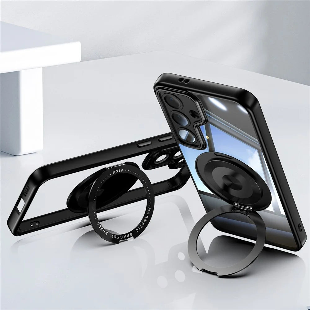 For Samsung Galaxy S26 Magnetic Case PC + TPU Phone Cover with Rotating Metal Kickstand, Lens Protector - Black - 3
