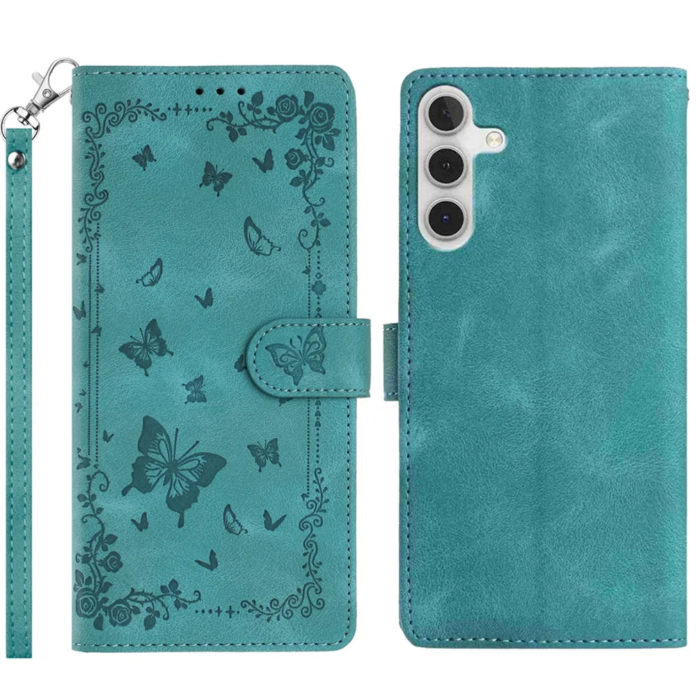 For Samsung Galaxy A16 4G / Galaxy A16 5G Case Garden Imprinted PU Leather Wallet Phone Cover with Wrist Strap - Green - 1