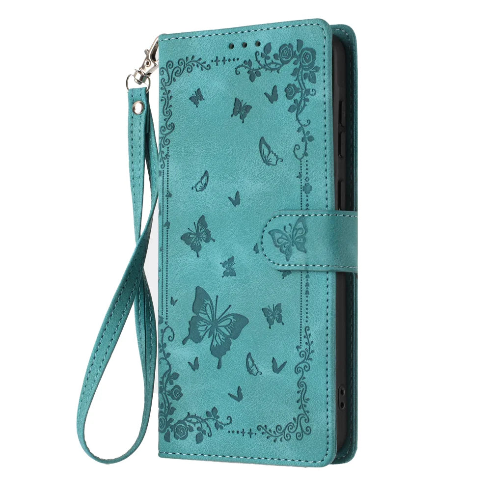 For Samsung Galaxy A16 4G / Galaxy A16 5G Case Garden Imprinted PU Leather Wallet Phone Cover with Wrist Strap - Green - 4