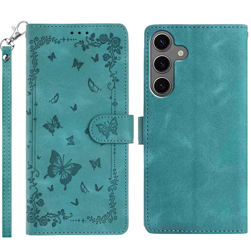 For Samsung Galaxy S25 Case Garden Imprinted PU Leather Wallet Phone Cover with Wrist Strap - Green - 1