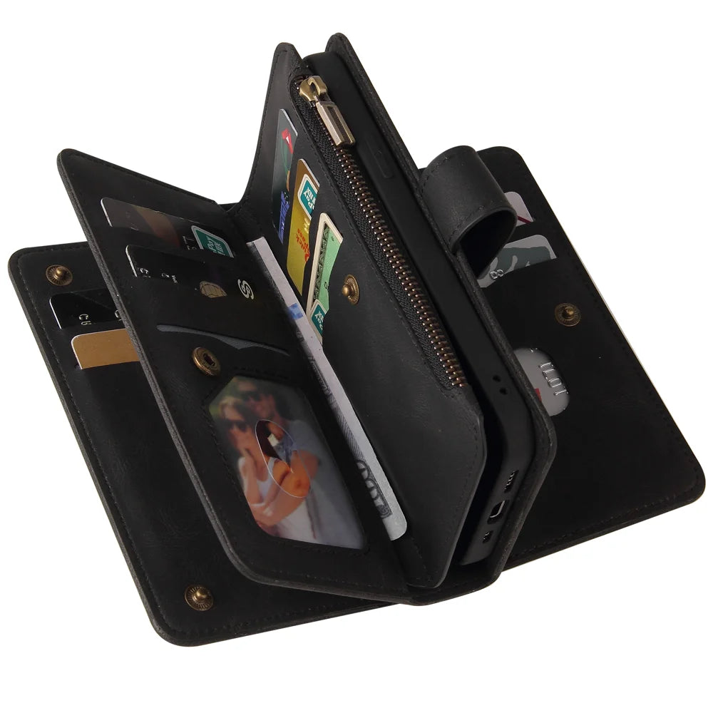 For iPhone SE (2020) / iPhone SE (2022) / iPhone 7 4.7 inch / iPhone 8 4.7 inch Zipper Wallet Case with 15 Card Slots and Strap Leather Phone Cover - Black - 7