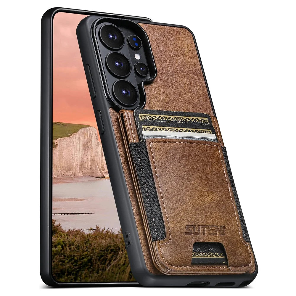 SUTENI H03 For Samsung Galaxy S26 Ultra Case Card Holder Waxy Texture Leather + TPU Phone Cover - Brown - 5