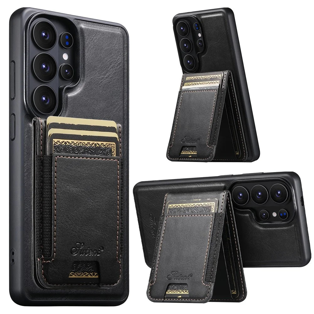 SUTENI For Samsung Galaxy S26 Ultra Magnetic Case Card Holder Kickstand Phone Cover - Black - 1