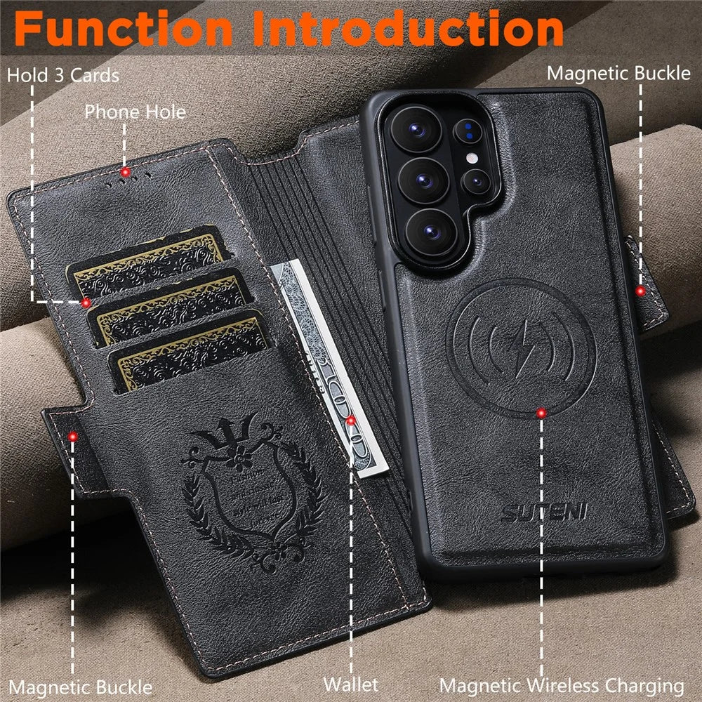 SUTENI Q-06 For Samsung Galaxy S26 Ultra Case Color Splicing Magnetic Detachable Leather Phone Cover - Black - 7